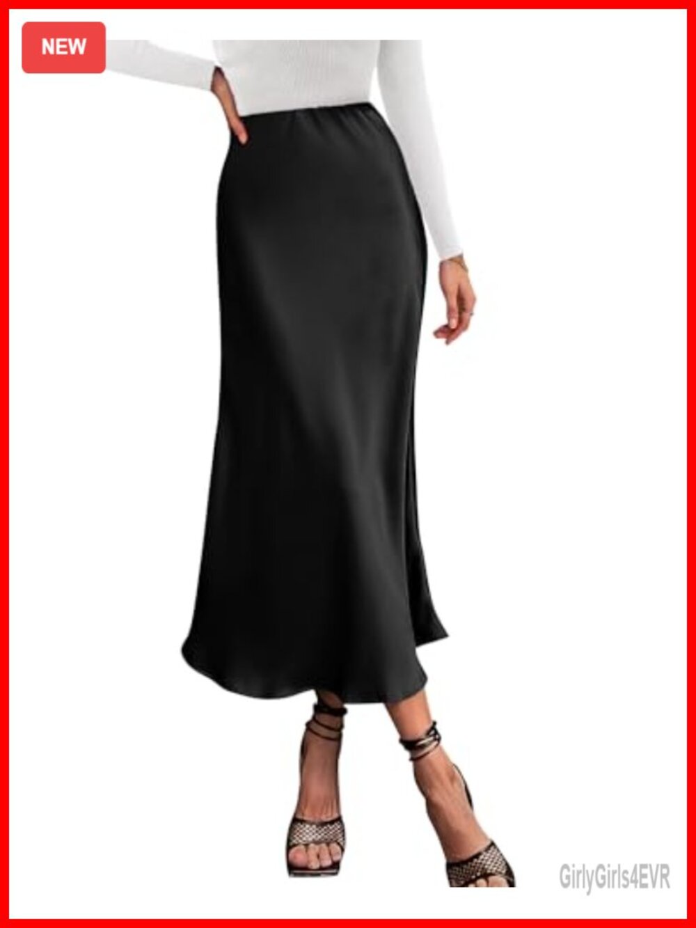 High Waisted Satin Midi Skirt A-Line Ruffle Hem Elastic Waist